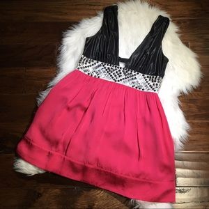 Bebe Plunge Deep V Dress Pink & Black Studded